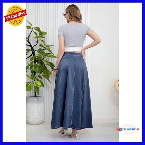 Retro High Waist Button Fly Flared Denim Maxi Skirt Pleated Swing - Picture 6 of 8